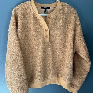 Forever 21 Women's Sherpa Sweatshirt with Buttons in Khaki